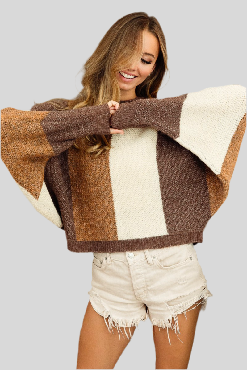 COLOR BLOCK DOLMAN SLEEVE SWEATER TOP
