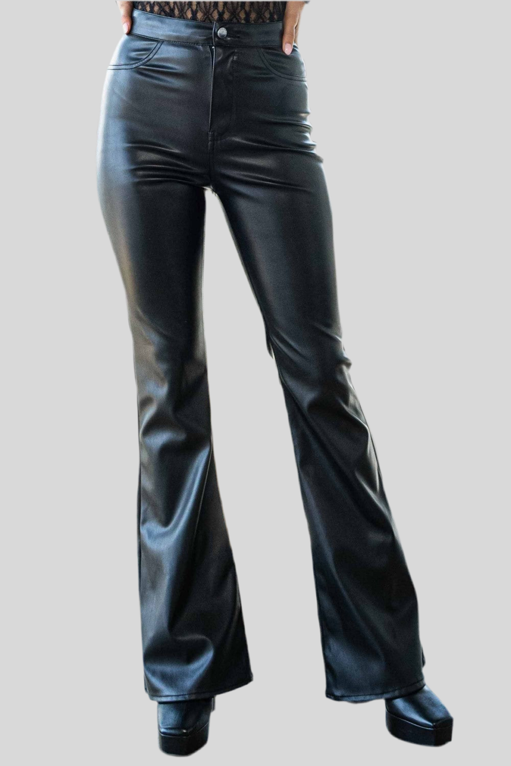 PU FAUX LEATHER HIGH RISE FLARE PANTS