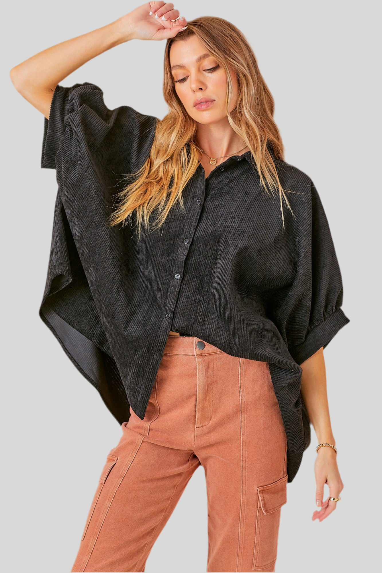 CORDUROY BUTTON DOWN TOP WITH BACK SHIRRING DETAIL