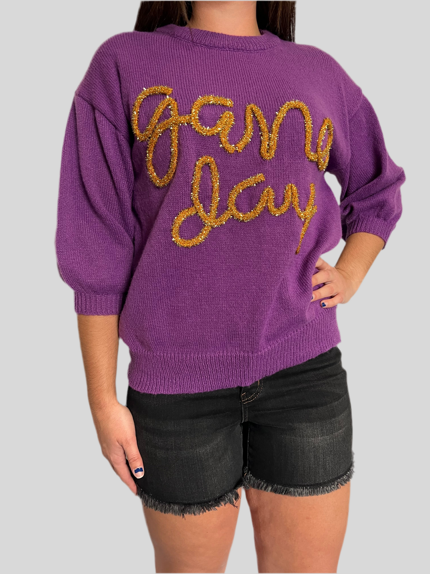 GAME DAY METALLIC LETTER SHORT PUFF SLEEVE SWEATER