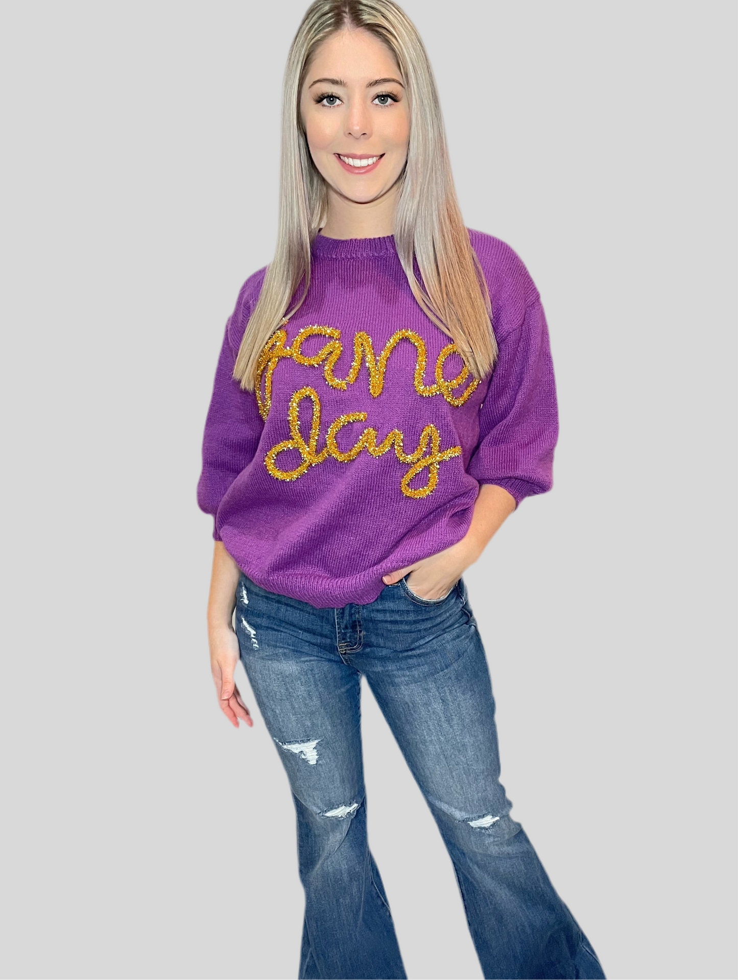 GAME DAY METALLIC LETTER SHORT PUFF SLEEVE SWEATER