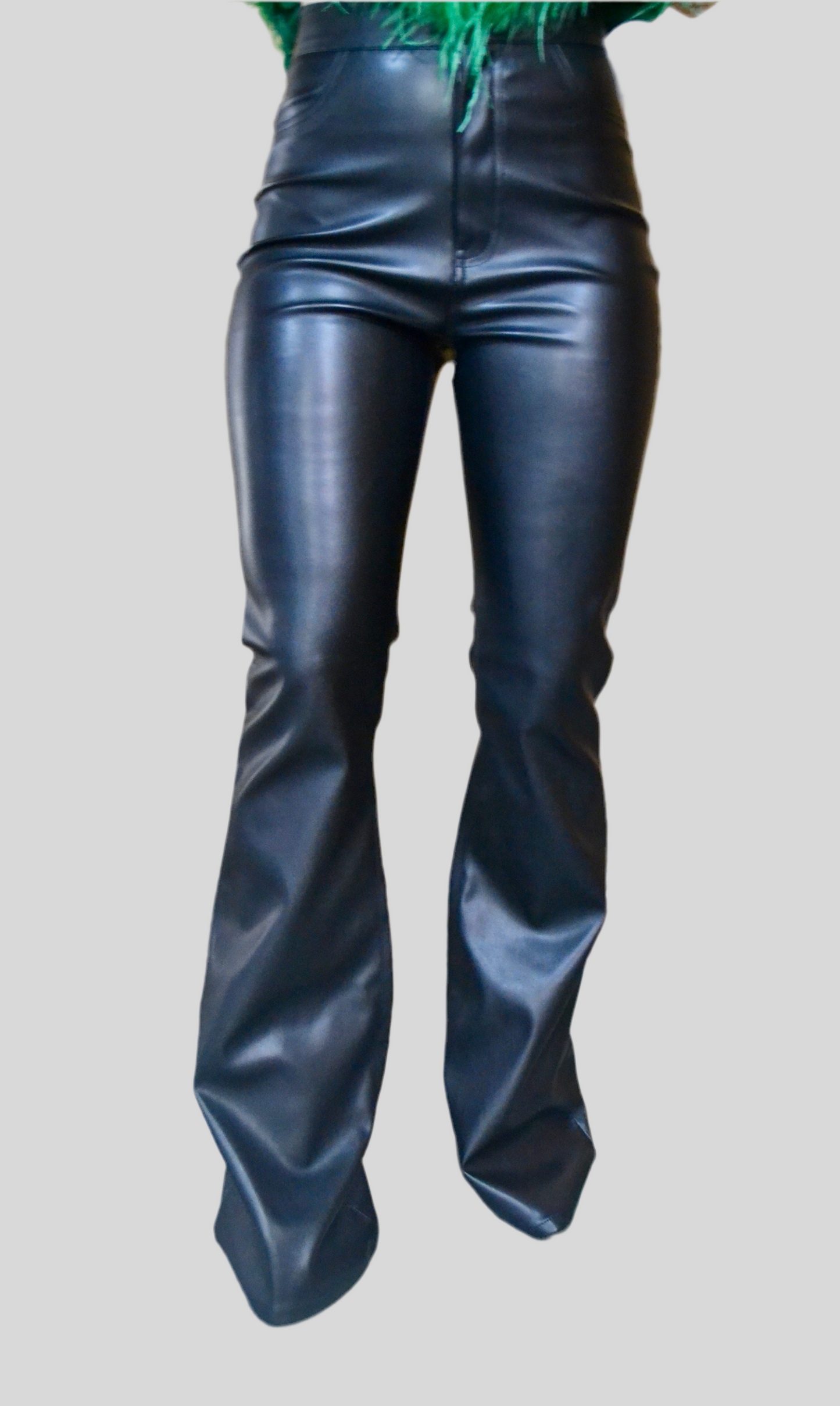 PU FAUX LEATHER HIGH RISE FLARE PANTS