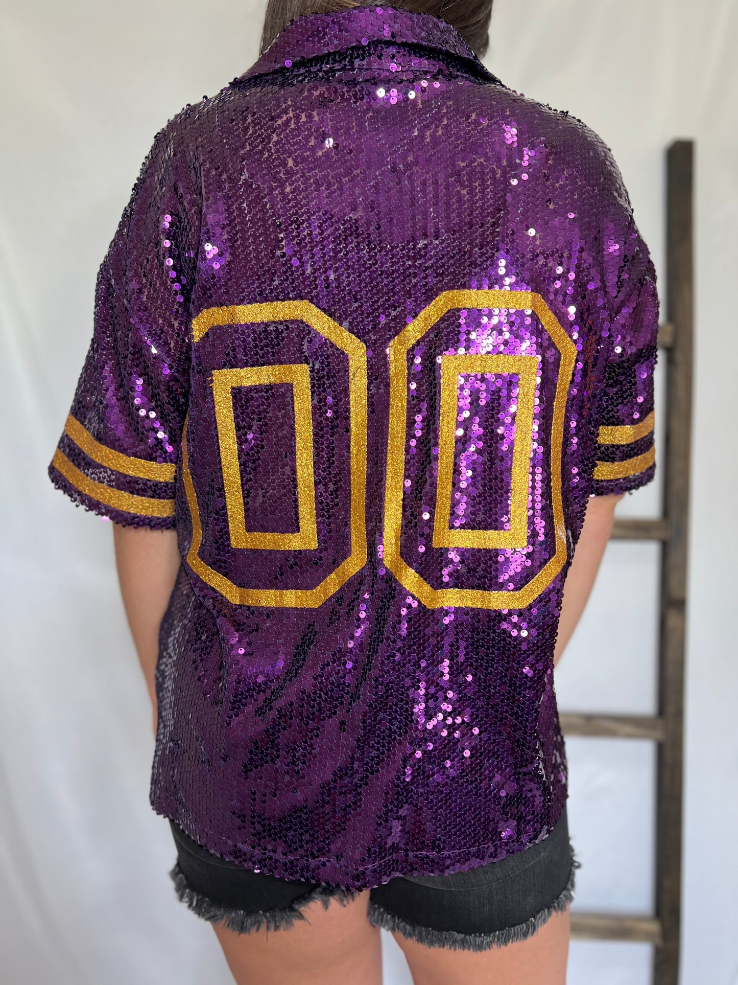 LSU LAPEL COLLAR BUTTON DOWN SEQUIN TOP