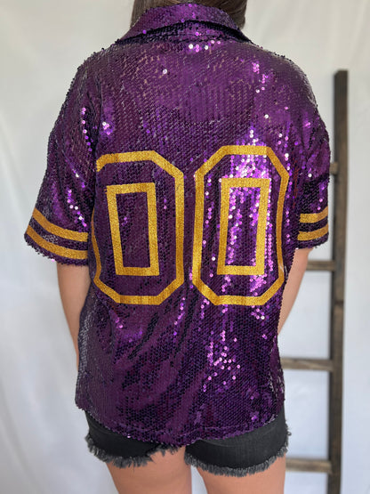 LSU LAPEL COLLAR BUTTON DOWN SEQUIN TOP