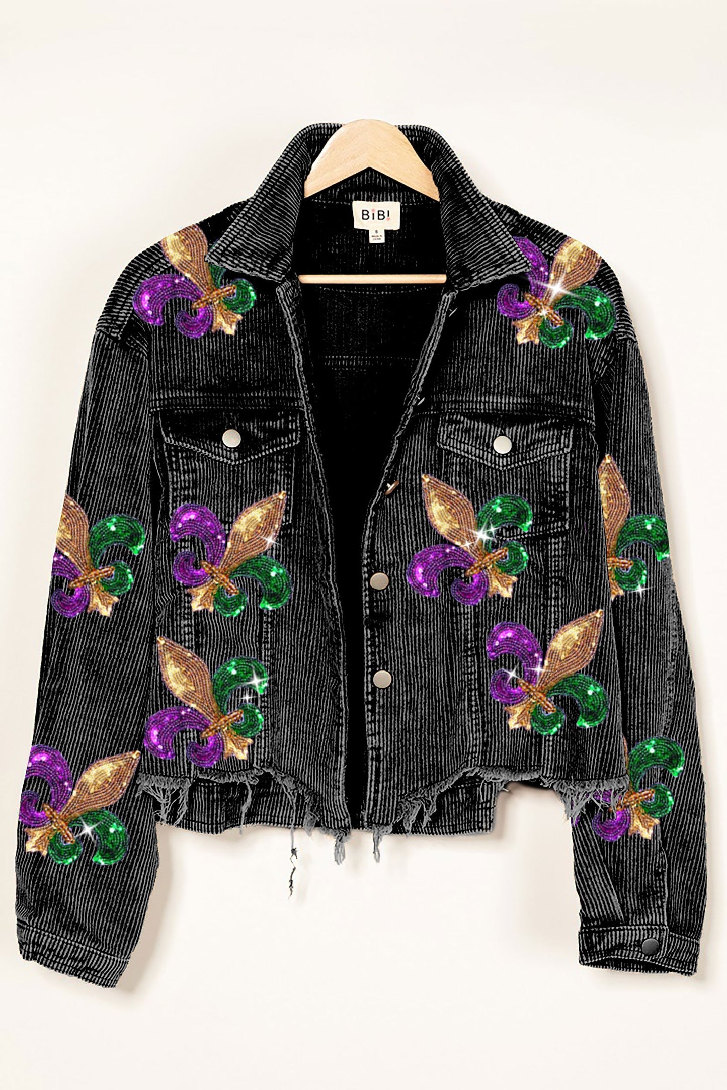 FLEUR DE LIS SEQUIN PATCHES MARDI GRAS WASHED CORDUROY JACKET