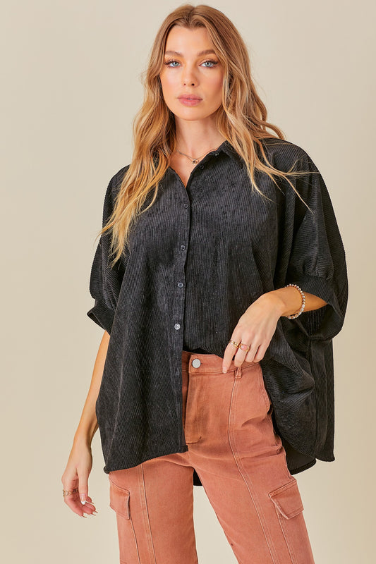 CORDUROY BUTTON DOWN TOP WITH BACK SHIRRING DETAIL