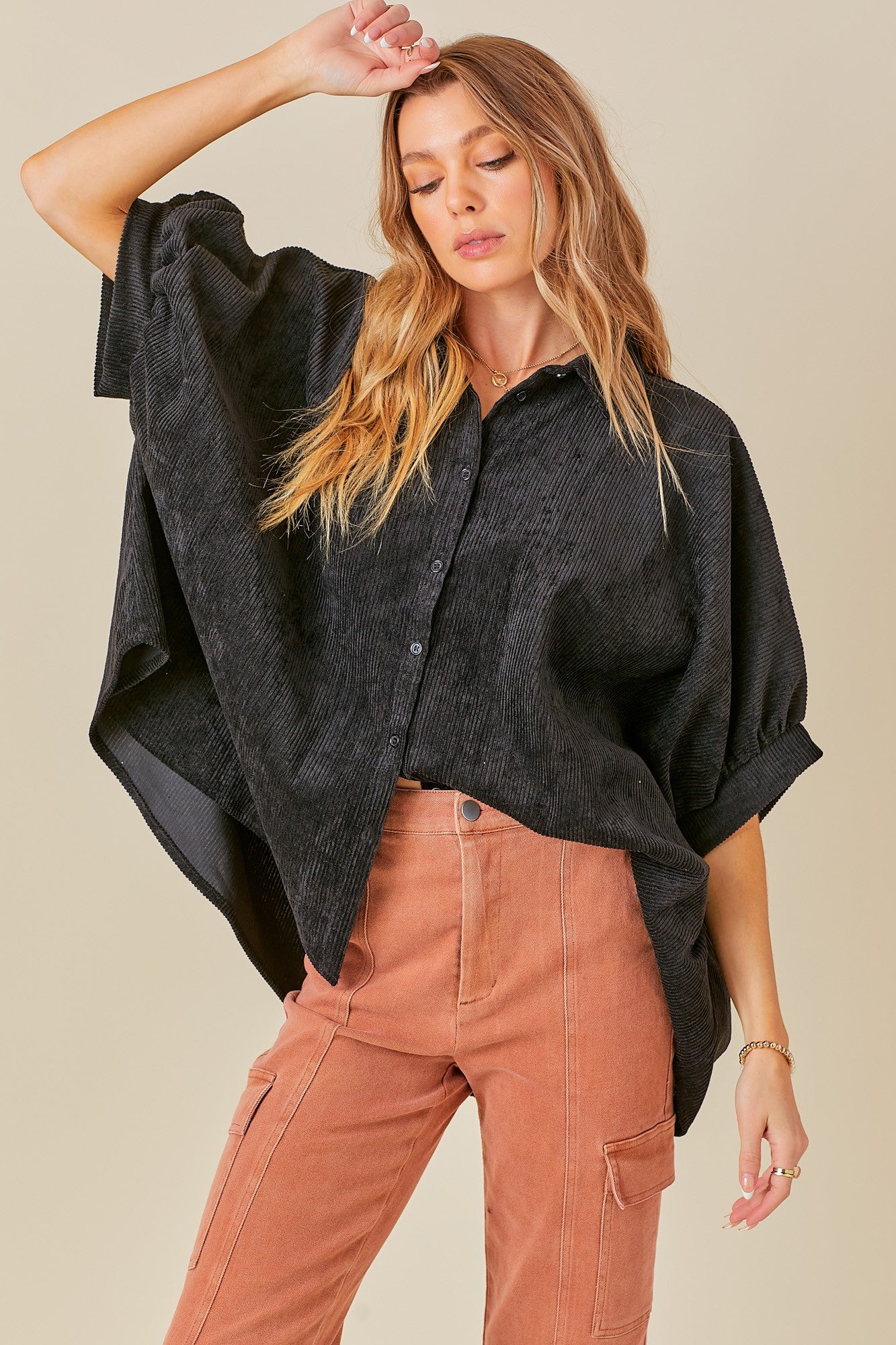 CORDUROY BUTTON DOWN TOP WITH BACK SHIRRING DETAIL