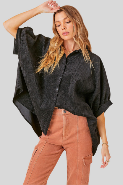 CORDUROY BUTTON DOWN TOP WITH BACK SHIRRING DETAIL