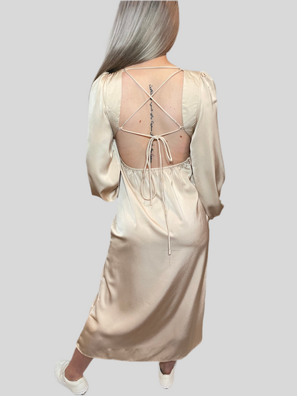 Satin V Neck Open Back Evening Dress
