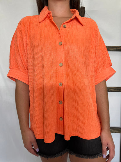 Pleated Button Down Short Sleeve Top