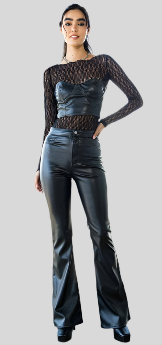 PU FAUX LEATHER HIGH RISE FLARE PANTS