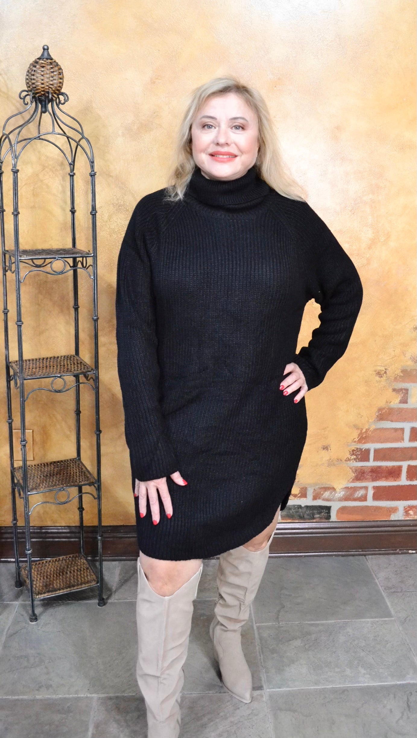 Thick Knit Roll Neck Solid Loose Fit Sweater Dress