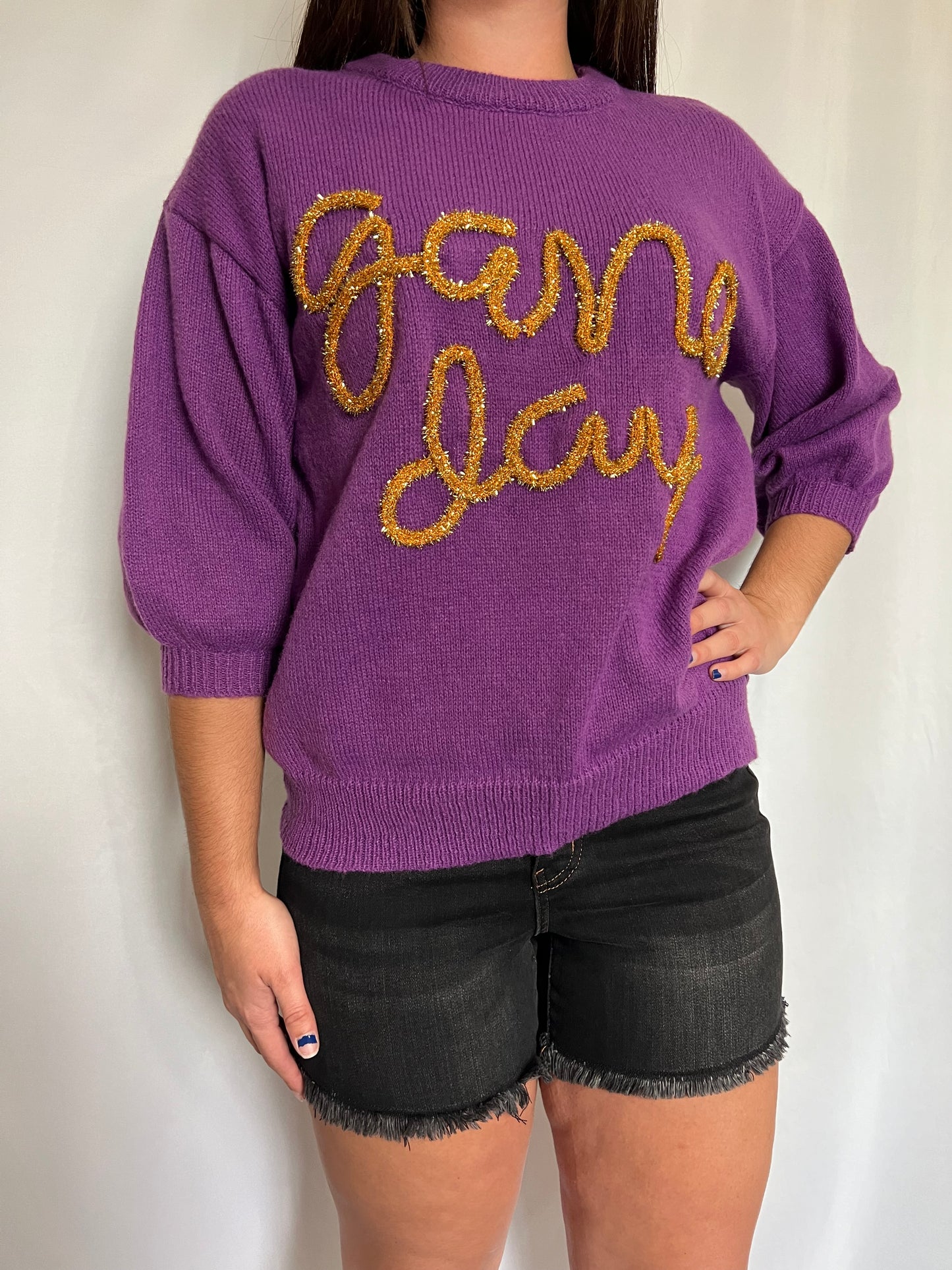 GAME DAY METALLIC LETTER SHORT PUFF SLEEVE SWEATER