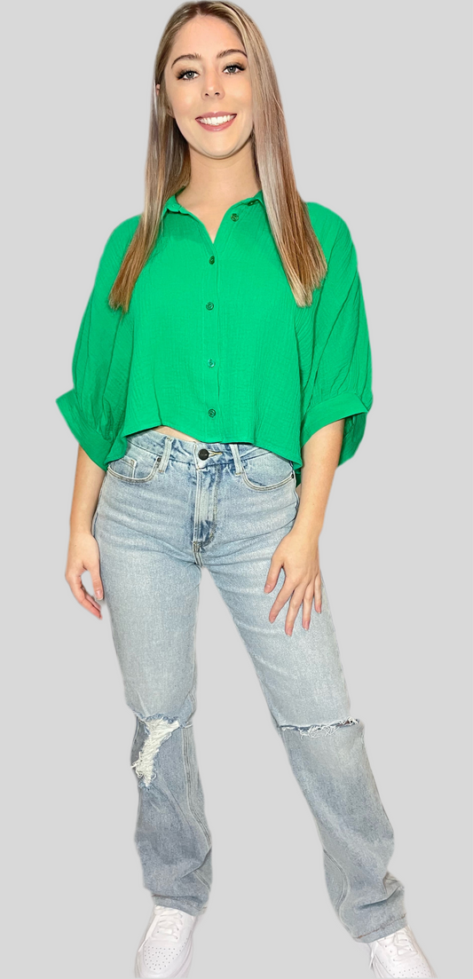Oversized Gauzed Button Down Cropped Shirt