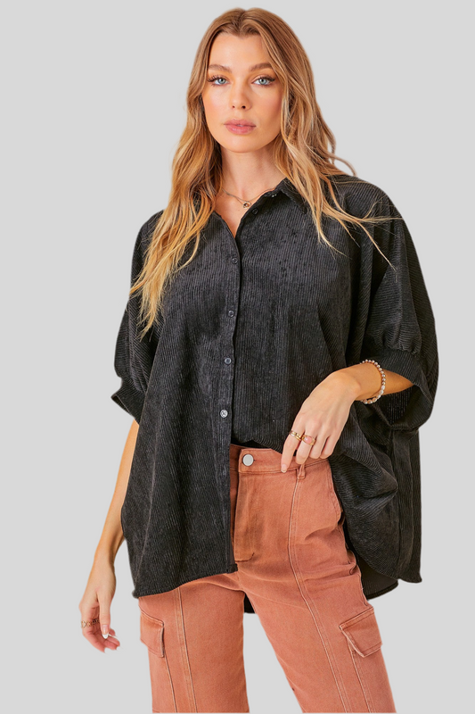 CORDUROY BUTTON DOWN TOP WITH BACK SHIRRING DETAIL