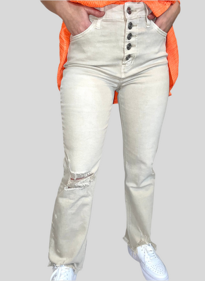 High Rise Straight  Jean Button Down Fly  With Frayed Hem