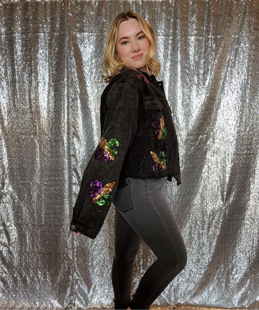 FLEUR DE LIS SEQUIN PATCHES MARDI GRAS WASHED CORDUROY JACKET