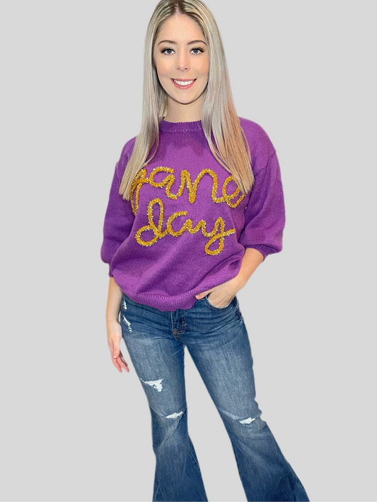 GAME DAY METALLIC LETTER SHORT PUFF SLEEVE SWEATER