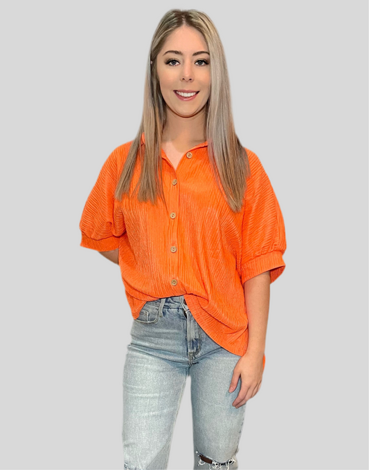 Pleated Button Down Short Sleeve Top