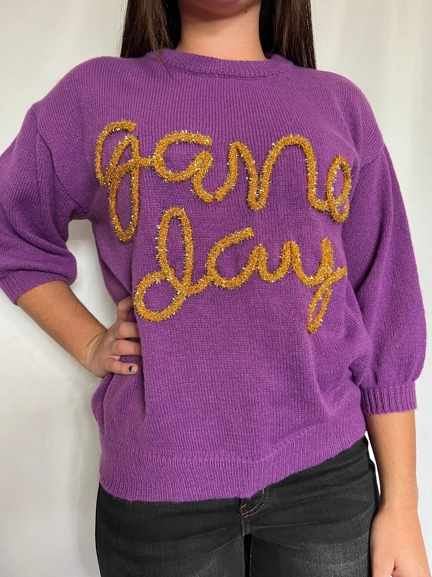 GAME DAY METALLIC LETTER SHORT PUFF SLEEVE SWEATER