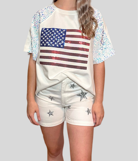 Short Sleeve Top with Velvet Sequin detail & American Flag