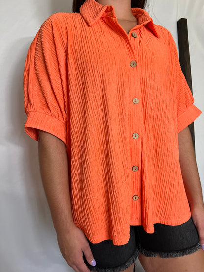 Pleated Button Down Short Sleeve Top