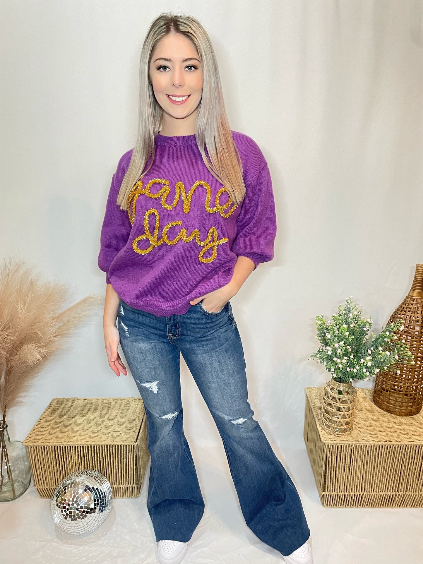 GAME DAY METALLIC LETTER SHORT PUFF SLEEVE SWEATER