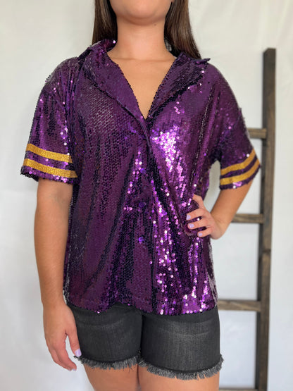 LSU LAPEL COLLAR BUTTON DOWN SEQUIN TOP