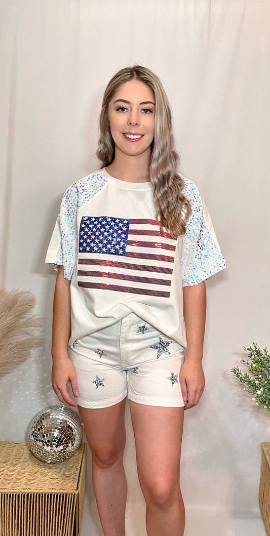 Short Sleeve Top with Velvet Sequin detail & American Flag