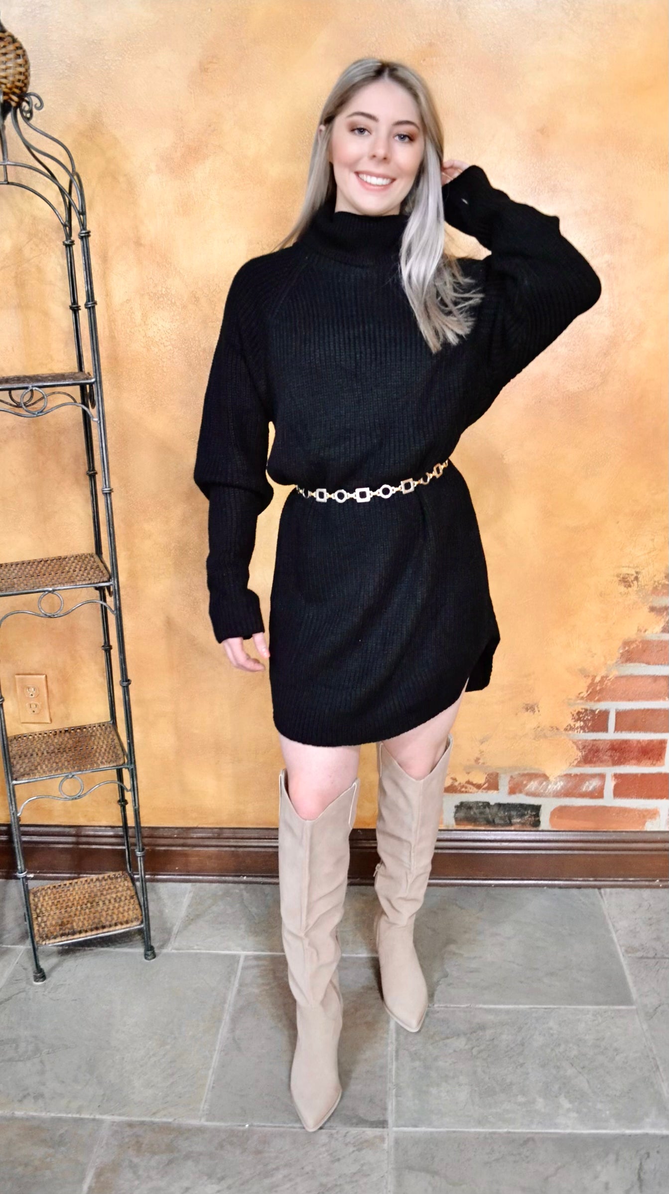 Thick Knit Roll Neck Solid Loose Fit Sweater Dress