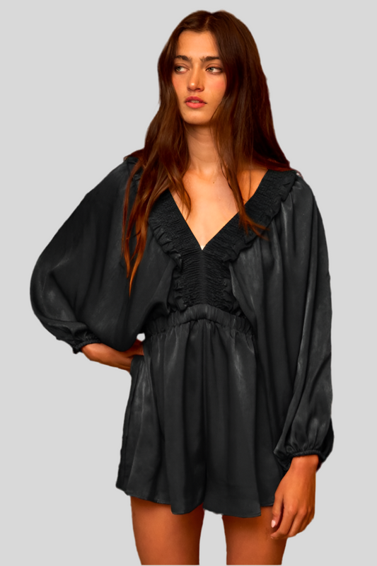 Smocked V-neck Ruffled Solid Satin Romper