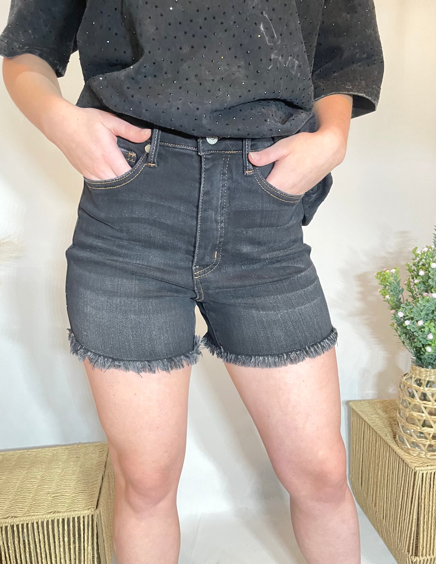 High Waist Tummy Control Fray Hem Shorts