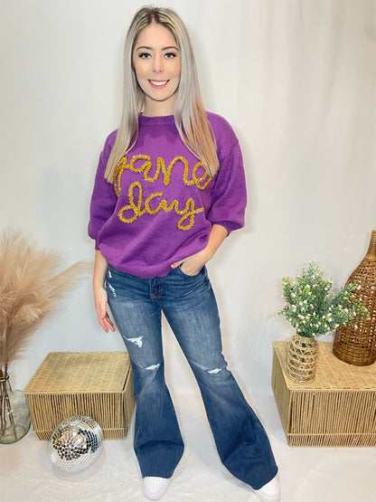 GAME DAY METALLIC LETTER SHORT PUFF SLEEVE SWEATER