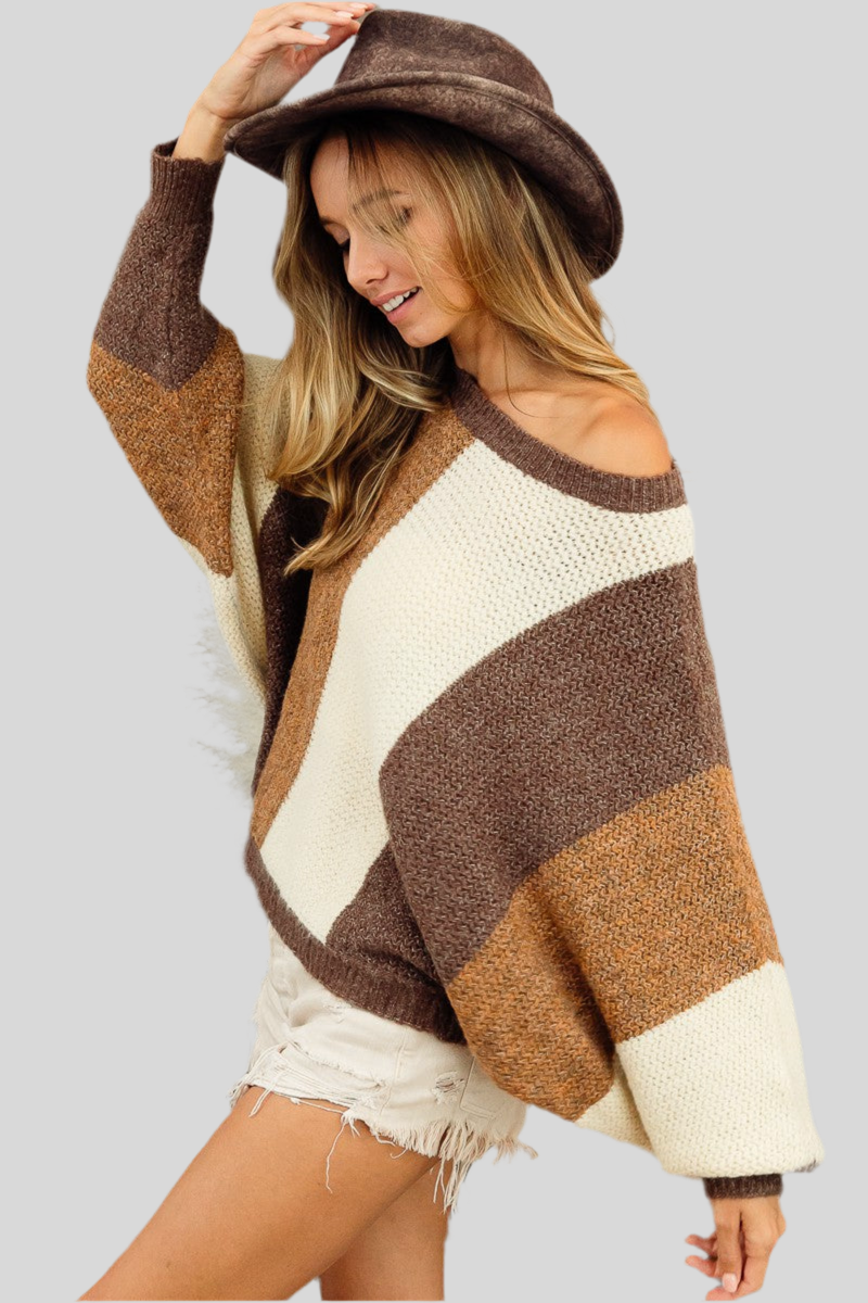 COLOR BLOCK DOLMAN SLEEVE SWEATER TOP